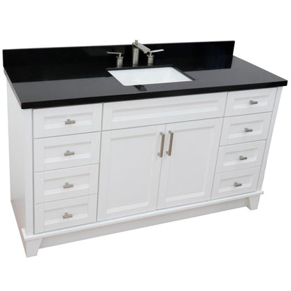 61" Single sink vanity in White finish and Black galaxy granite and rectangle sink