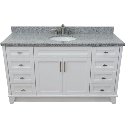 61" Single sink vanity in White finish and Gray granite and oval sink