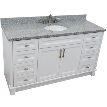 61" Single sink vanity in White finish and Gray granite and oval sink
