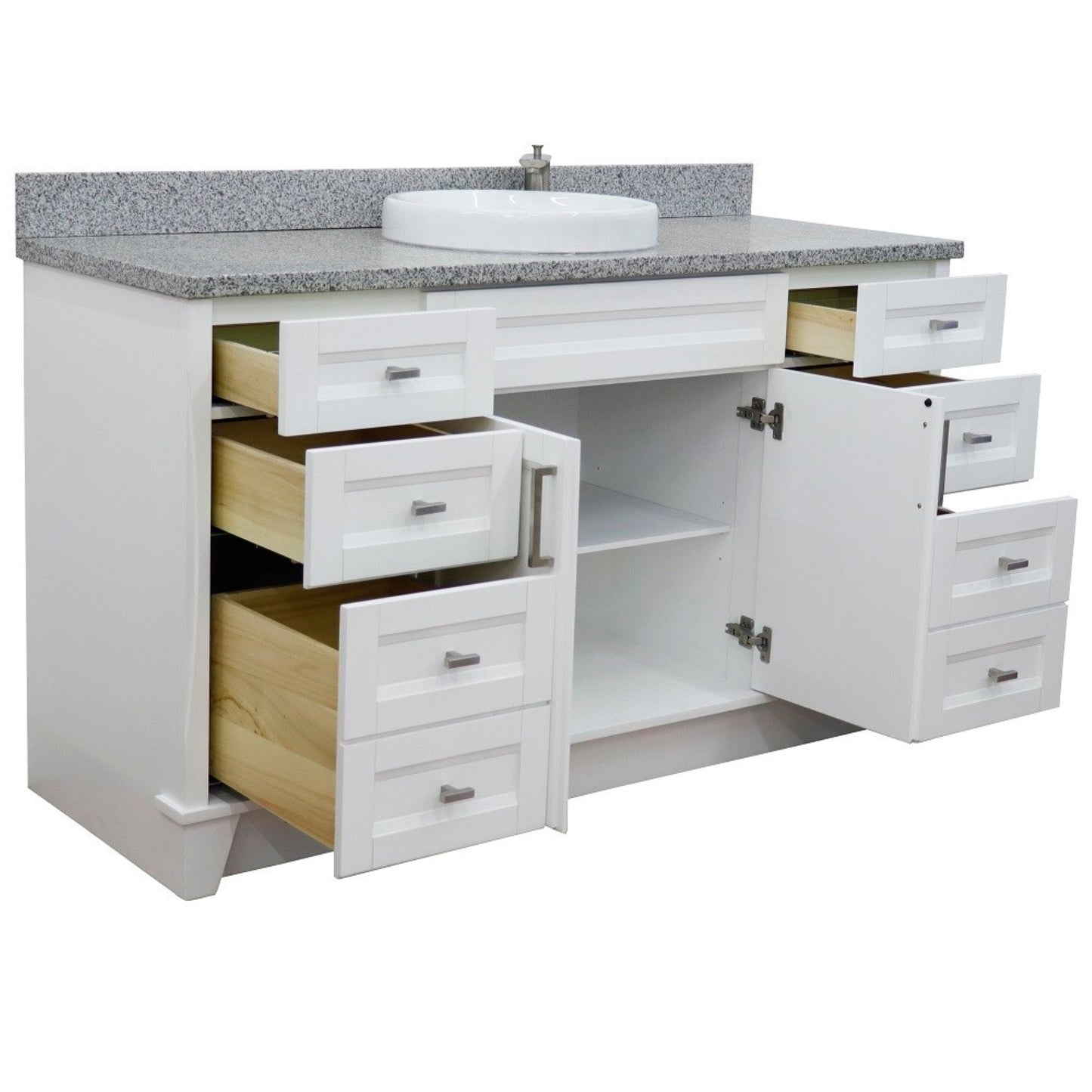 61" Single sink vanity in White finish and Gray granite and round sink