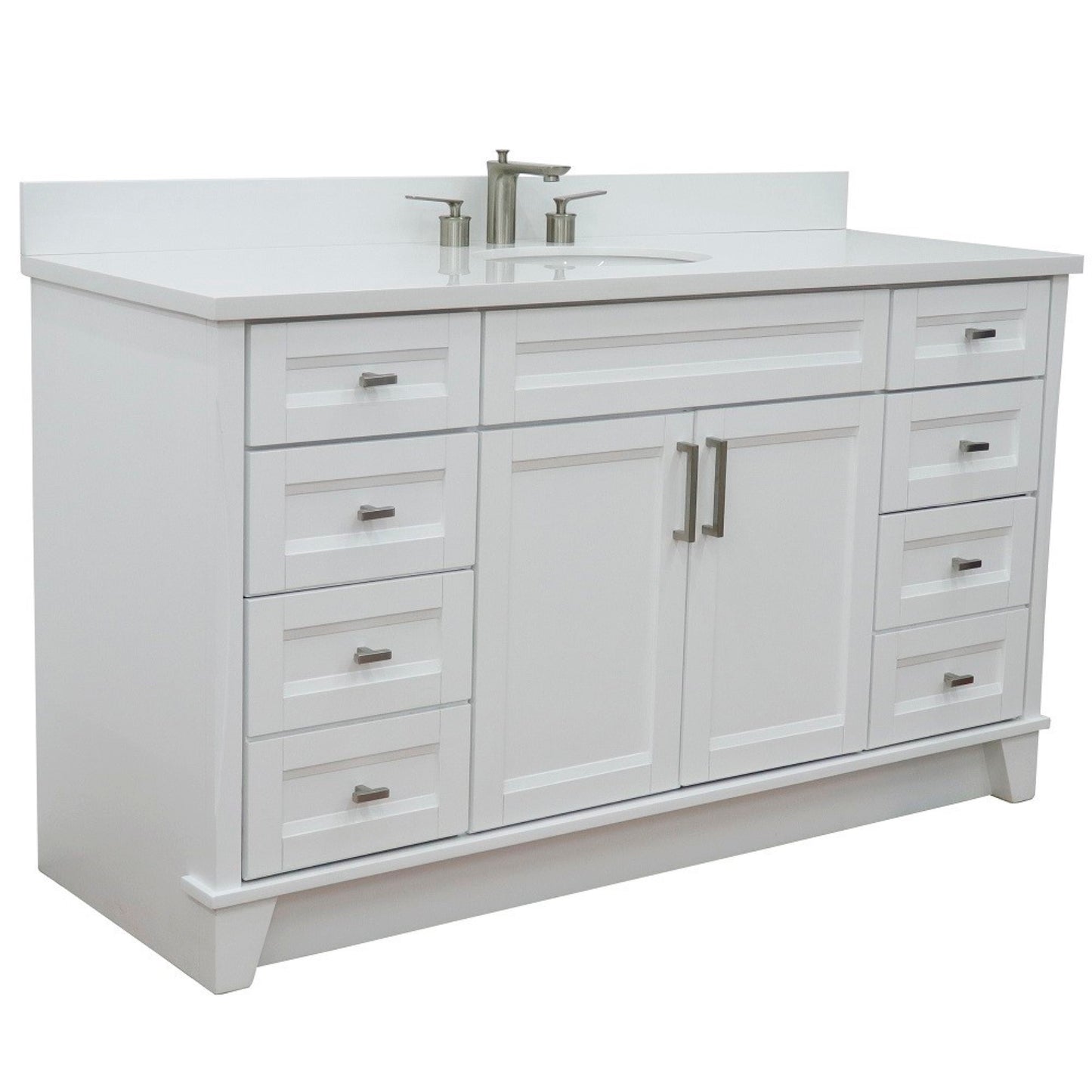61" Single sink vanity in White finish and White engineered stone and oval sink