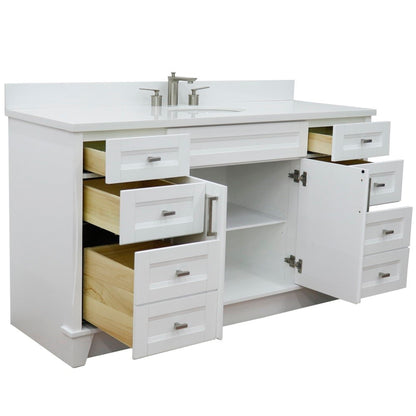 61" Single sink vanity in White finish and White engineered stone and oval sink