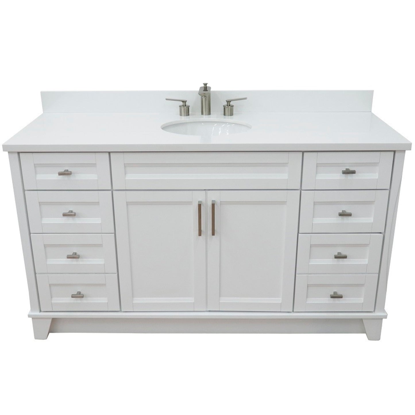 61" Single sink vanity in White finish and White engineered stone and oval sink