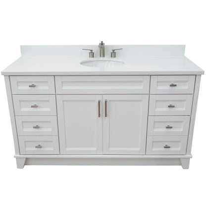 61" Single sink vanity in White finish and White engineered stone and oval sink