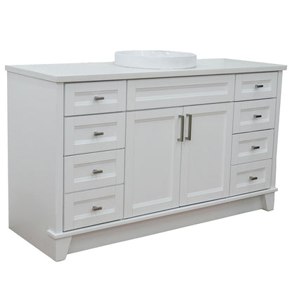 61" Single sink vanity in White finish and White engineered stone and round sink