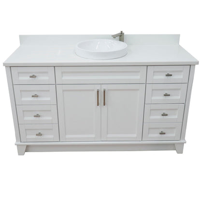61" Single sink vanity in White finish and White engineered stone and round sink