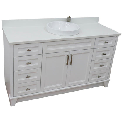 61" Single sink vanity in White finish and White engineered stone and round sink
