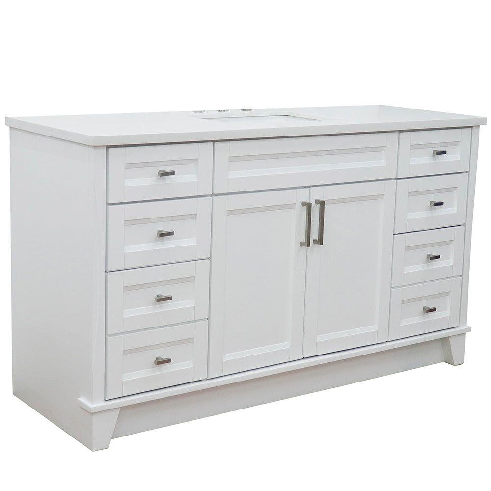61" Single sink vanity in White finish and White engineered stone and rectangle sink