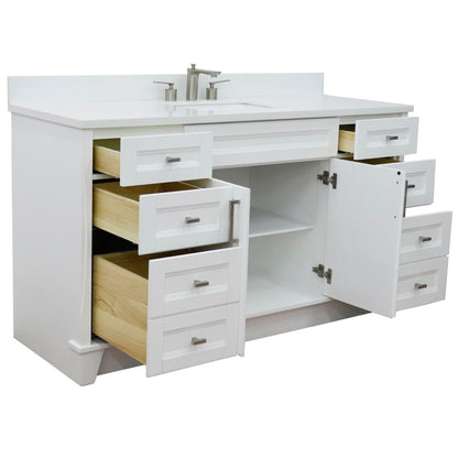 61" Single sink vanity in White finish and White engineered stone and rectangle sink