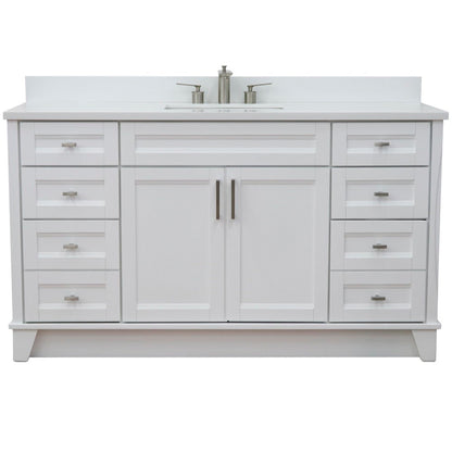 61" Single sink vanity in White finish and White engineered stone and rectangle sink