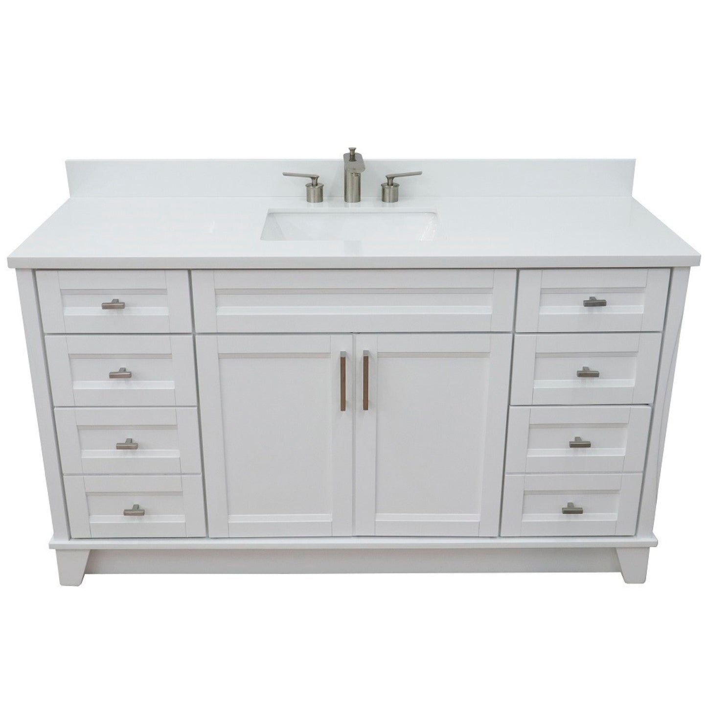 61" Single sink vanity in White finish and White engineered stone and rectangle sink