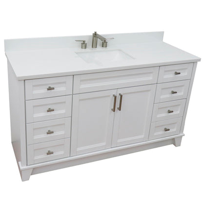 61" Single sink vanity in White finish and White engineered stone and rectangle sink