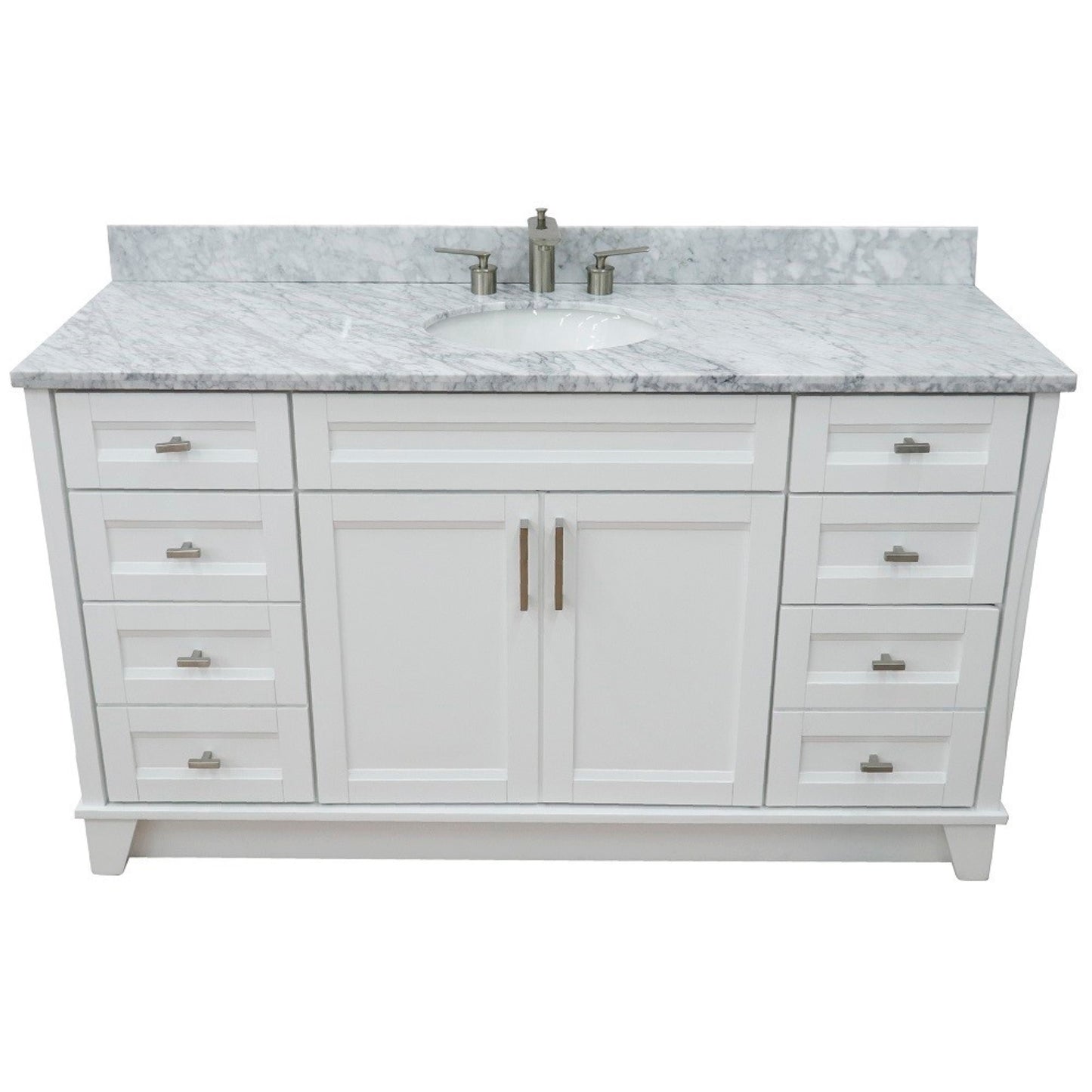 61" Single sink vanity in White finish and White Carrara marble and oval sink