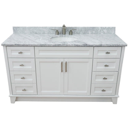 61" Single sink vanity in White finish and White Carrara marble and oval sink