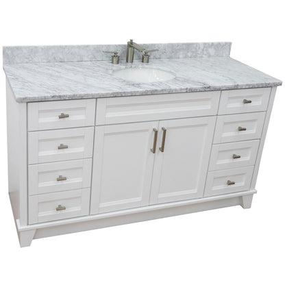 61" Single sink vanity in White finish and White Carrara marble and oval sink