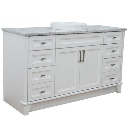 61" Single sink vanity in White finish and White Carrara marble and round sink