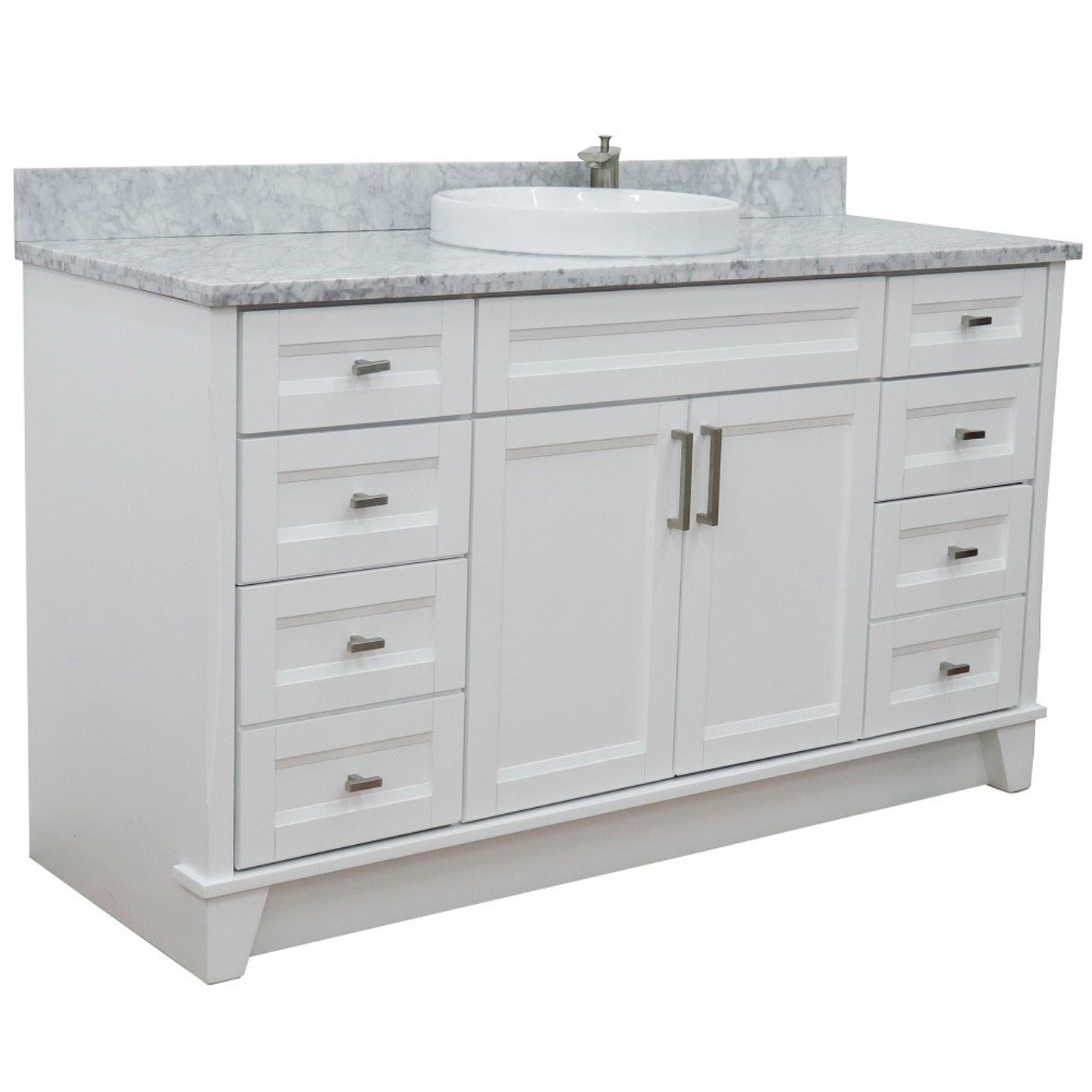 61" Single sink vanity in White finish and White Carrara marble and round sink