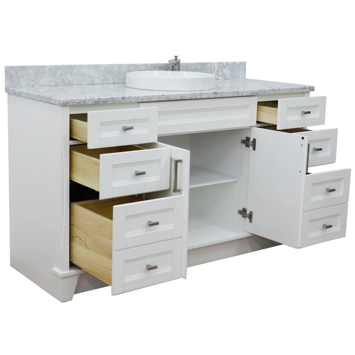 61" Single sink vanity in White finish and White Carrara marble and round sink