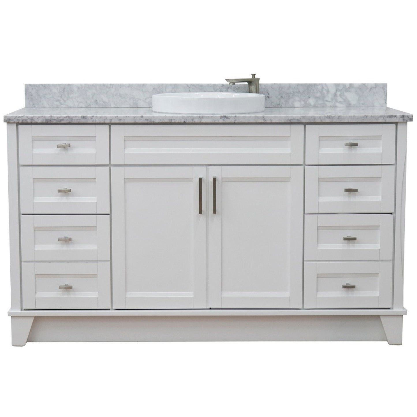 61" Single sink vanity in White finish and White Carrara marble and round sink