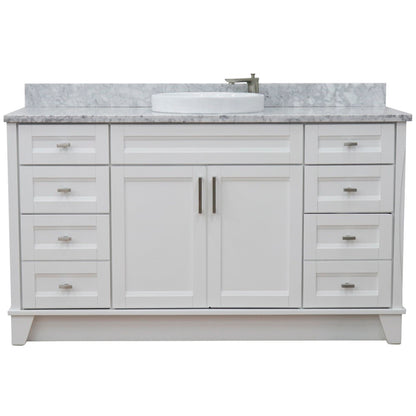 61" Single sink vanity in White finish and White Carrara marble and round sink