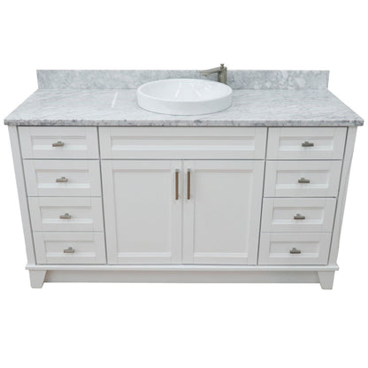 61" Single sink vanity in White finish and White Carrara marble and round sink