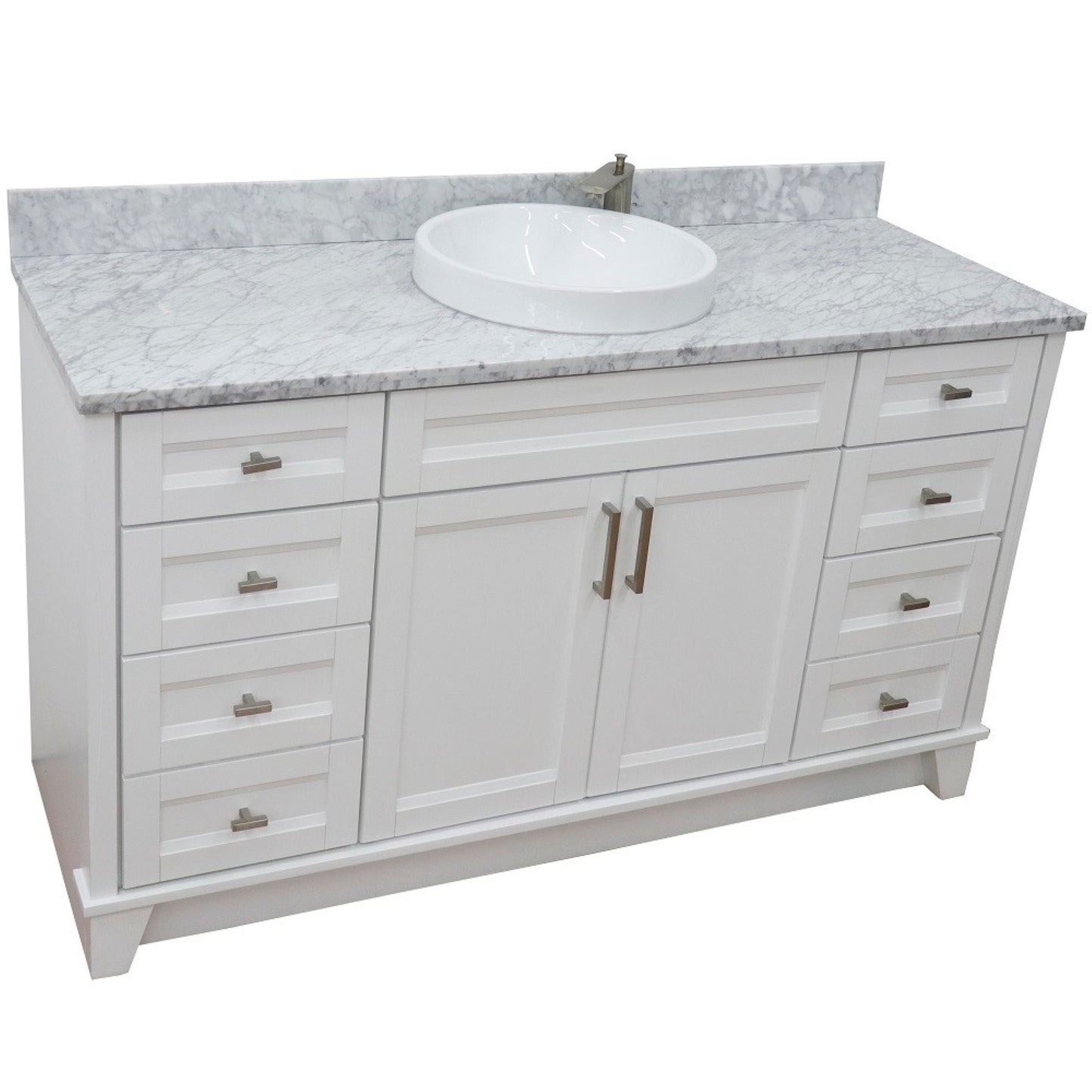 61" Single sink vanity in White finish and White Carrara marble and round sink