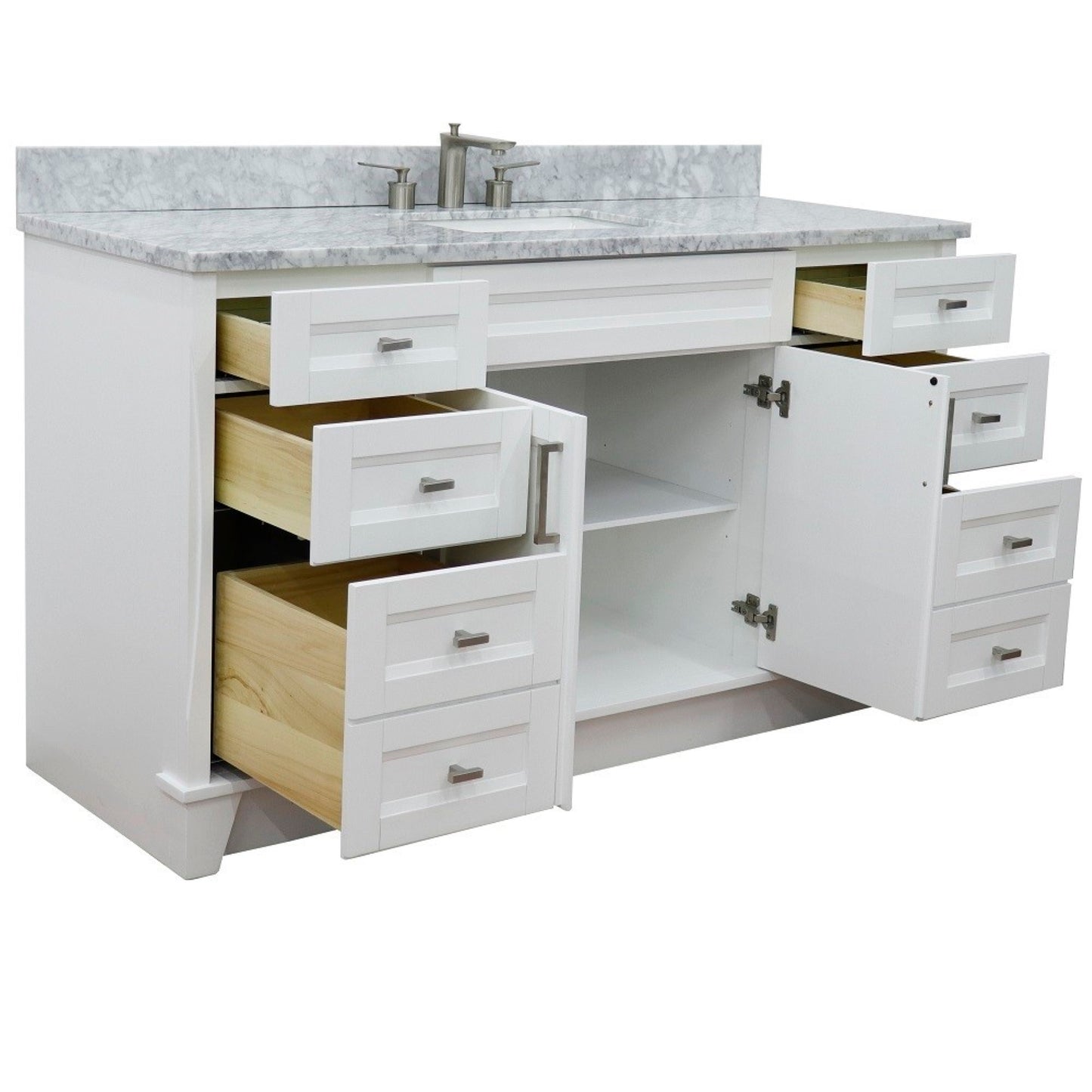 61" Single sink vanity in White finish and White Carrara marble and rectangle sink