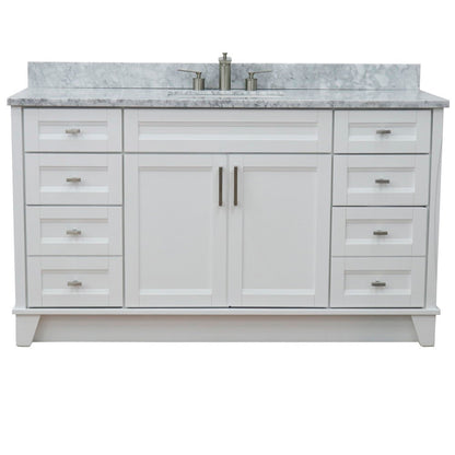 61" Single sink vanity in White finish and White Carrara marble and rectangle sink