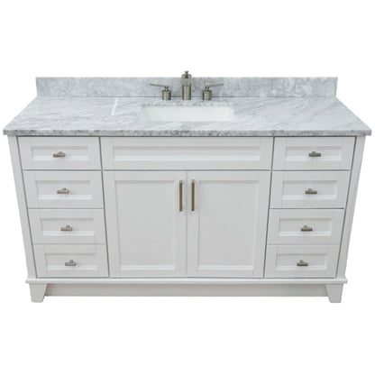61" Single sink vanity in White finish and White Carrara marble and rectangle sink