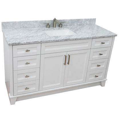 61" Single sink vanity in White finish and White Carrara marble and rectangle sink