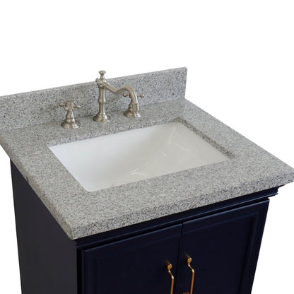 25" Single vanity in Blue finish with Gray granite and rectangle sink