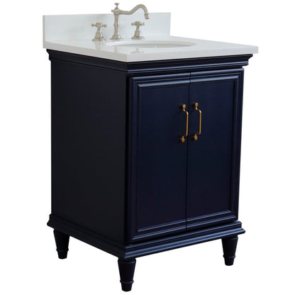 25" Single vanity in Blue finish with White engineered stone and oval sink