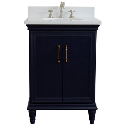 25" Single vanity in Blue finish with White engineered stone and oval sink