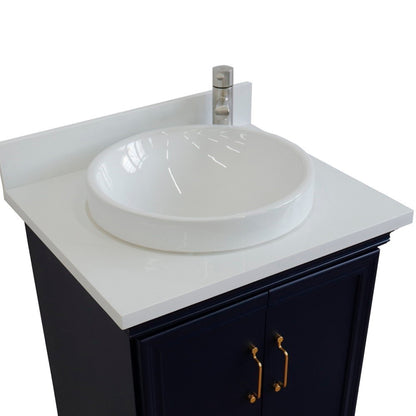 25" Single vanity in Blue finish with White engineered stone and round sink
