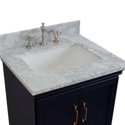 25" Single vanity in Blue finish with White Carrara and rectangle sink