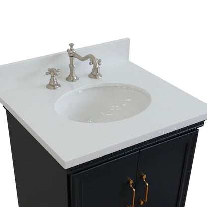25" Single vanity in Dark Gray finish with White engineered stone and oval sink