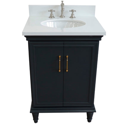 25" Single vanity in Dark Gray finish with White engineered stone and oval sink