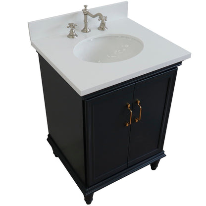 25" Single vanity in Dark Gray finish with White engineered stone and oval sink