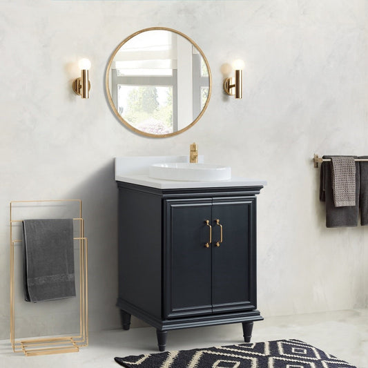 25" Single vanity in Dark Gray finish with White engineered stone and round sink
