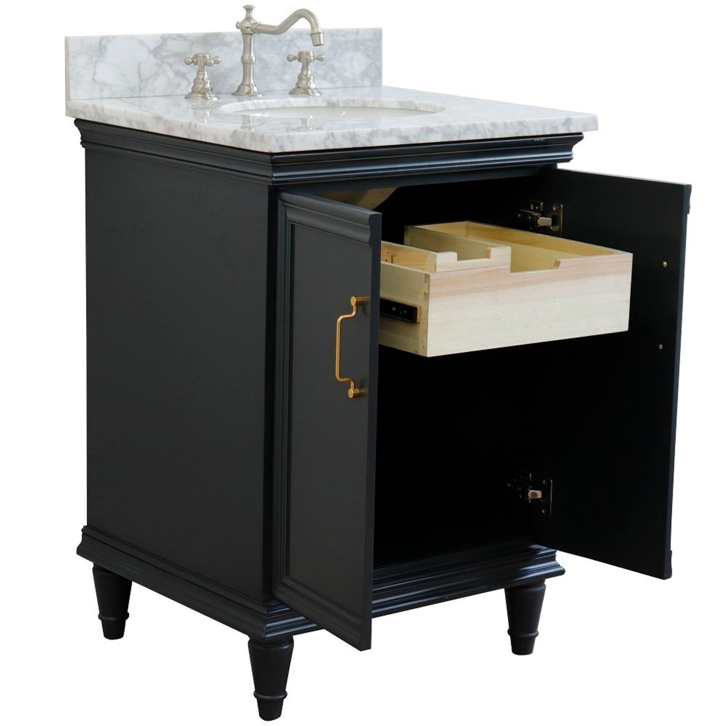 25" Single vanity in Dark Gray finish with White Carrara and oval sink