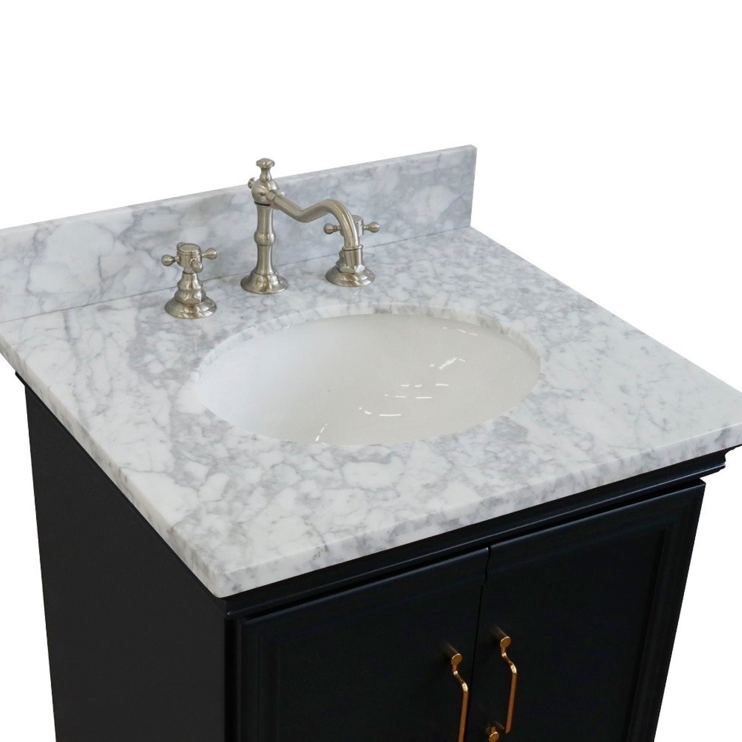25" Single vanity in Dark Gray finish with White Carrara and oval sink