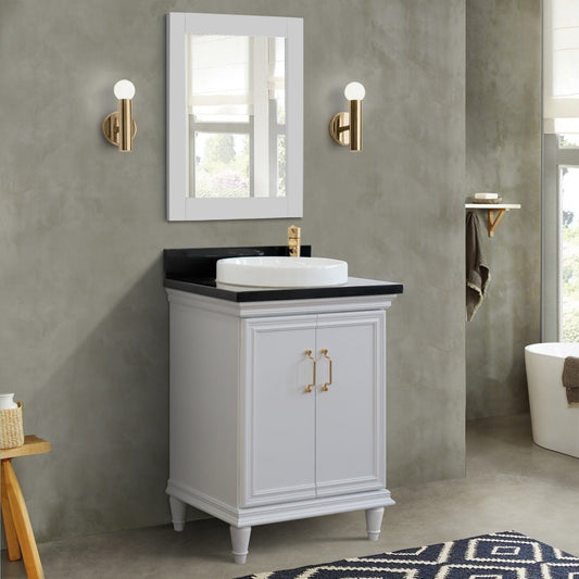 25" Single vanity in White finish with Black galaxy and round sink