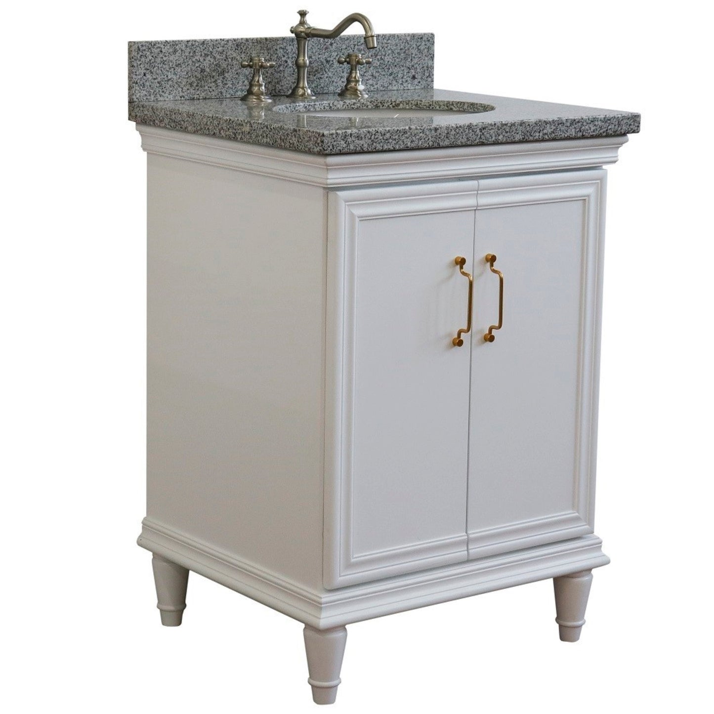 25" Single vanity in White finish with Gray granite and oval sink