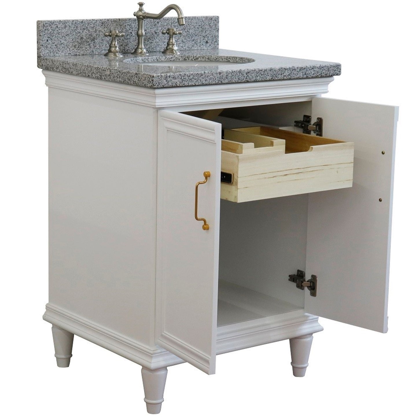 25" Single vanity in White finish with Gray granite and oval sink
