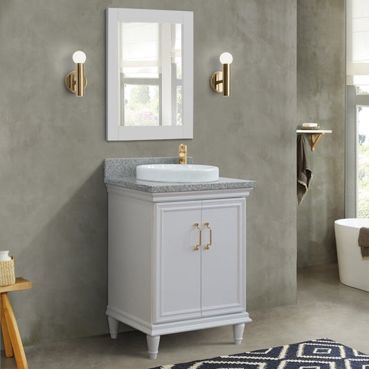 25" Single vanity in White finish with Gray granite and round sink