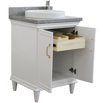 25" Single vanity in White finish with Gray granite and round sink