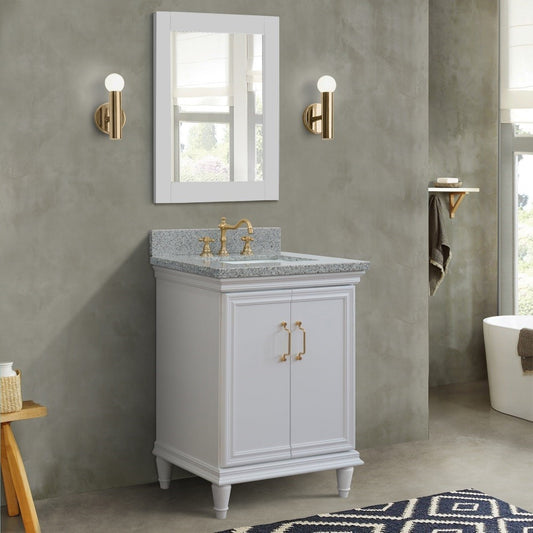 25" Single vanity in White finish with Gray granite and rectangle sink