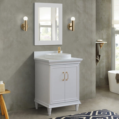 25" Single vanity in White finish with White engineered stone and round sink