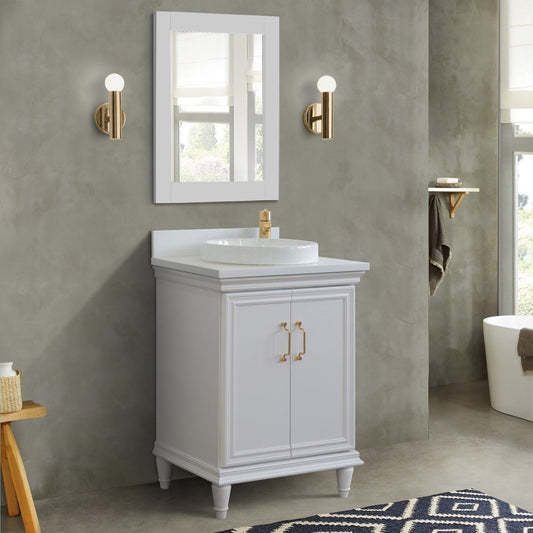 25" Single vanity in White finish with White engineered stone and round sink