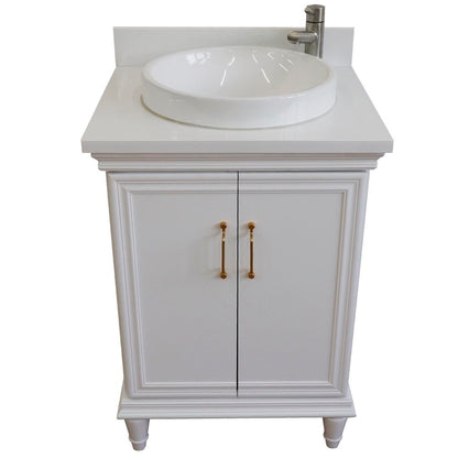 25" Single vanity in White finish with White engineered stone and round sink